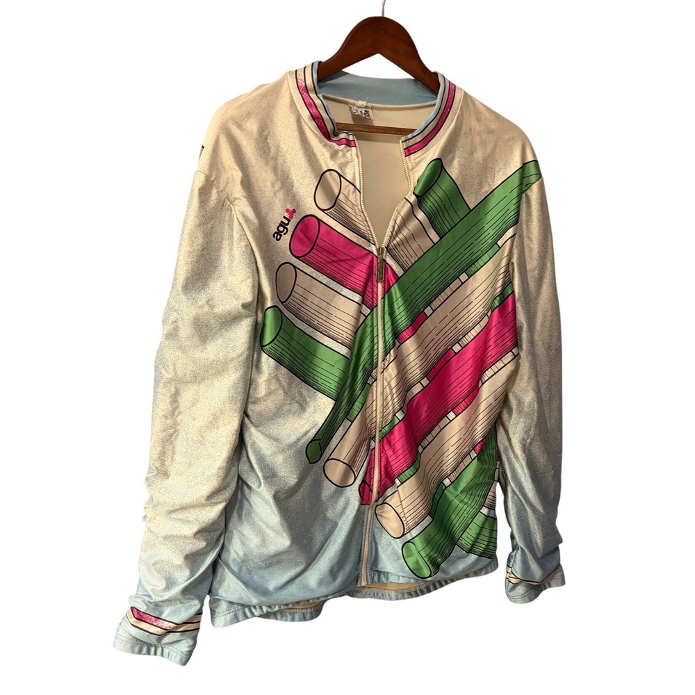 Agu‎ Cycling Jersey Long Sleeve Full Zip Geometric Graphic Blue Pink Green L